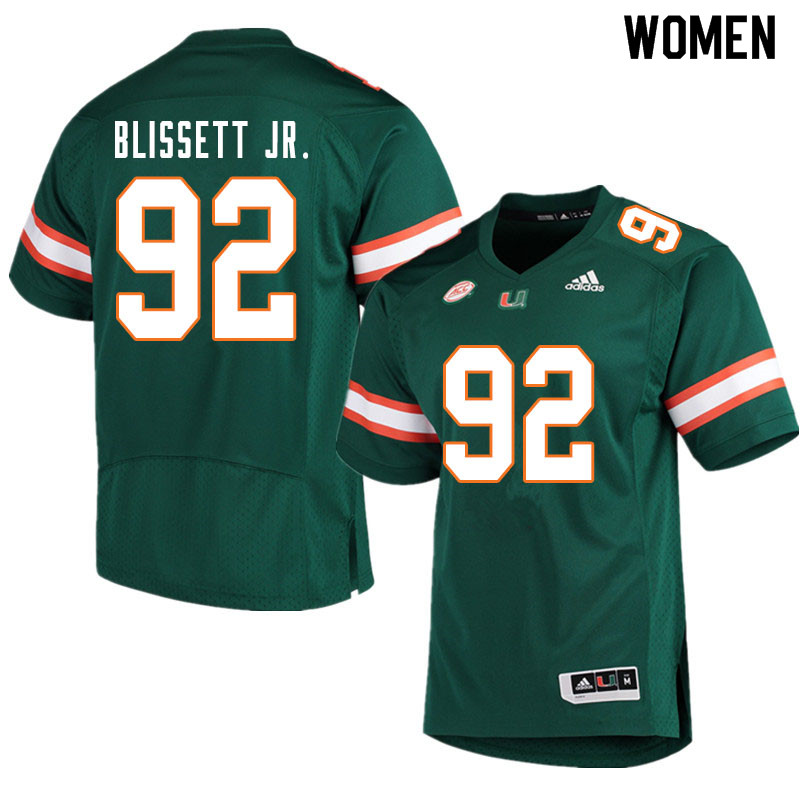 Women #92 Jason Blissett Jr. Miami Hurricanes College Football Jerseys Sale-Green